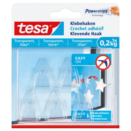 Crochet adhésif Tesa Powerstrips pour verre et surfaces transparentes 200 gr 5 pièces