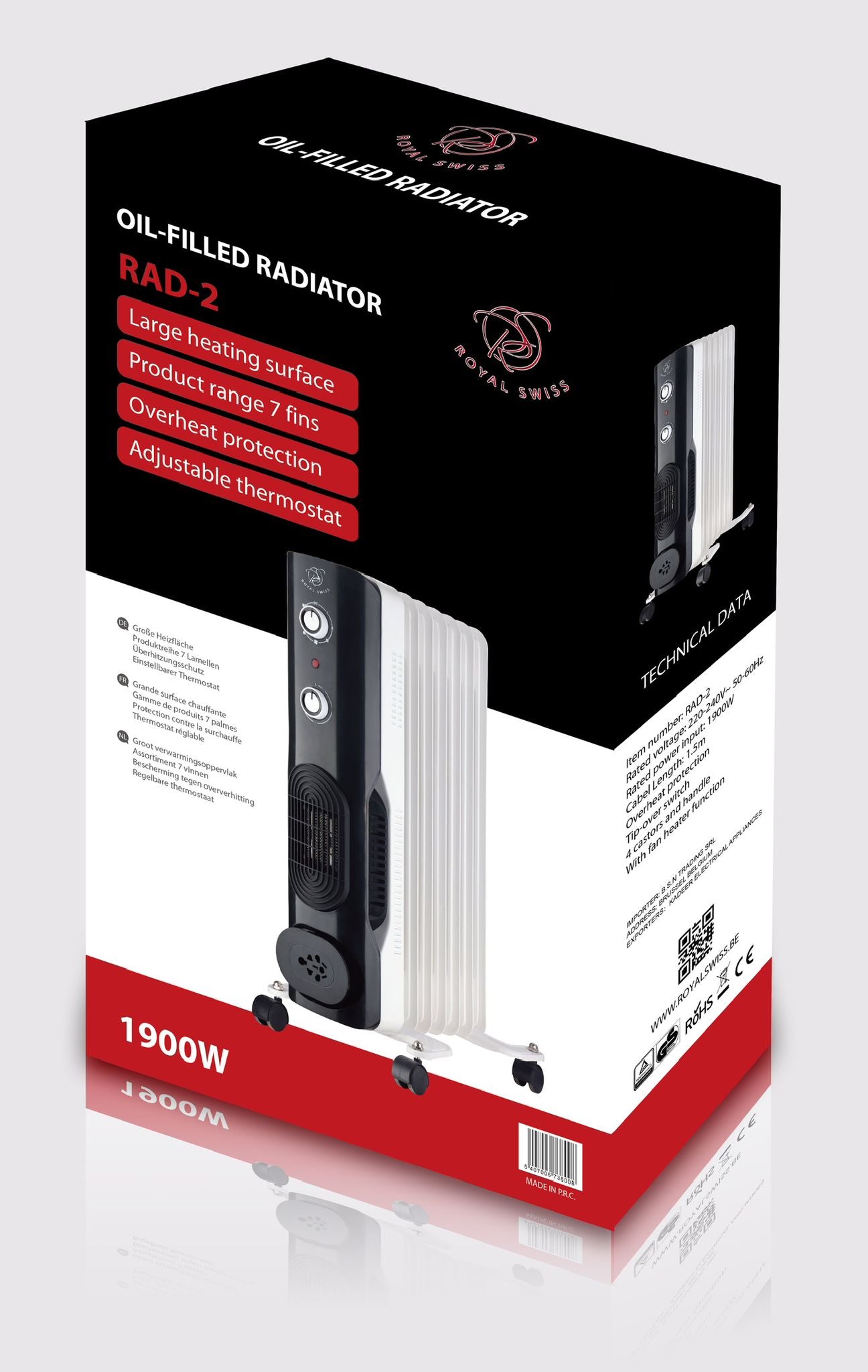 RADIATEUR À BAIN D’HUILE AVEC VENTILATEUR 1900w Royal Swiss