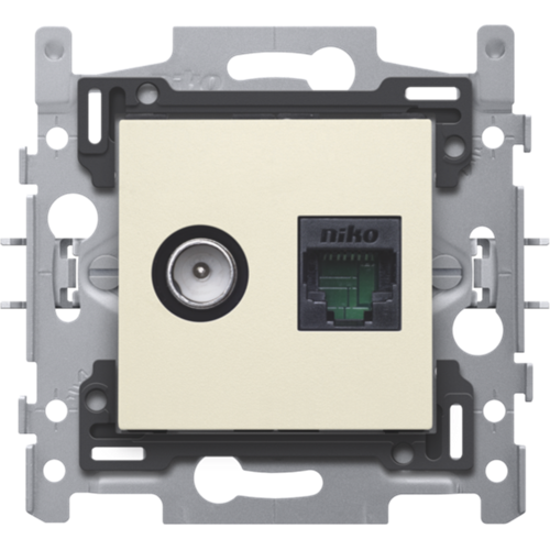 Combinaison d'une connexion coaxiale et RJ45 UTP Cat5E, exécution plate, support d'encastrement dimensions intérieures 45 x 45 mm et dimensions extérieures 60 x 71 mm, socle et set de finition Agréation Telenet Interkabel, Niko (100-65158)